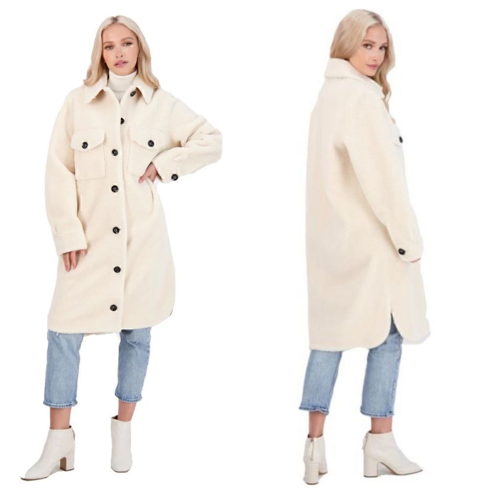 Rebecca Minkoff Harper Sherpa Teddy Wool Shacket Coat in Ecru | SZ XS